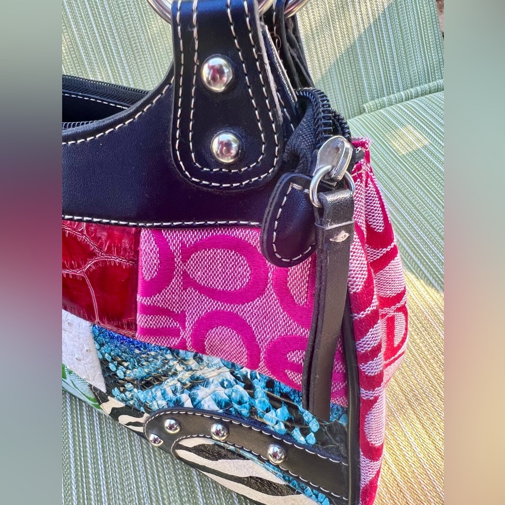 Multicolor Patchwork Shoulder Bag with Silver Hardware - Picture 4 of 15